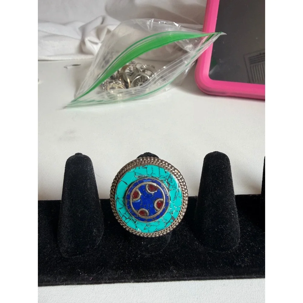 Bohemian Mosaic Turquoise Lapis Coral Statement Ring Silver Tone‎ Size 7